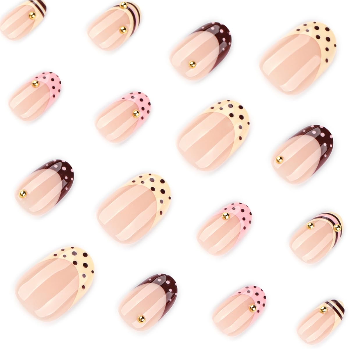French Tip Press on Nails Short Oval Fake Nails Polka Dot False Nails Press ons with Gold Beads Design Glossy Cute Nails Artificial Acrylic Glue on Nails for Women Girls Manicure 24Pcs