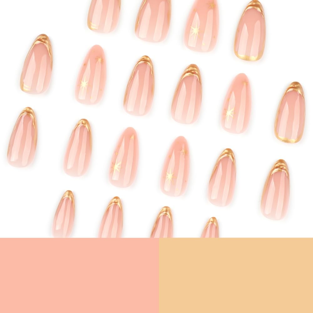 Gold Press on Nails French Tip Fake Nails Almond False Nails Press ons with Gold Line Design Stick on Nails Acrylic Glue on Nails for Women Manicure 24Pcs