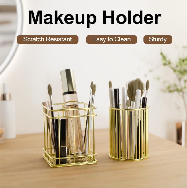 Makeup Holder - Cosmetic Brushes Storage Holder, Makeup Brush Organizer for Dressing Table, Gold, 2 Pack.