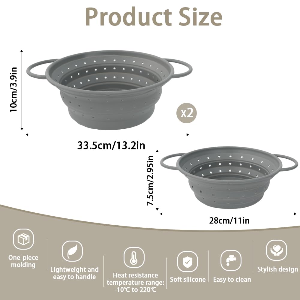 CEYAZYE 3 Pack Collapsible Colander Set, 11&13 Silicone Strainer for Kitchen, Space-Saving Heat-Resistant Fast Draining Basket with Non-Slip Base & Handles, Food Strainer for Pasta, Fruit, Vegetables