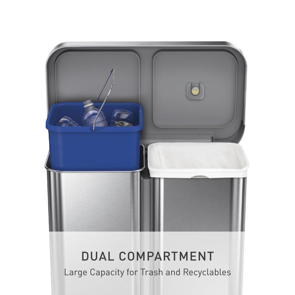 simplehuman 58 Liter / 15.3 Gallon Rectangular Dual Compartment Recycling Step, Brushed Stainless Steel with Soft-Close Plastic Lid Kitchen Trash Can