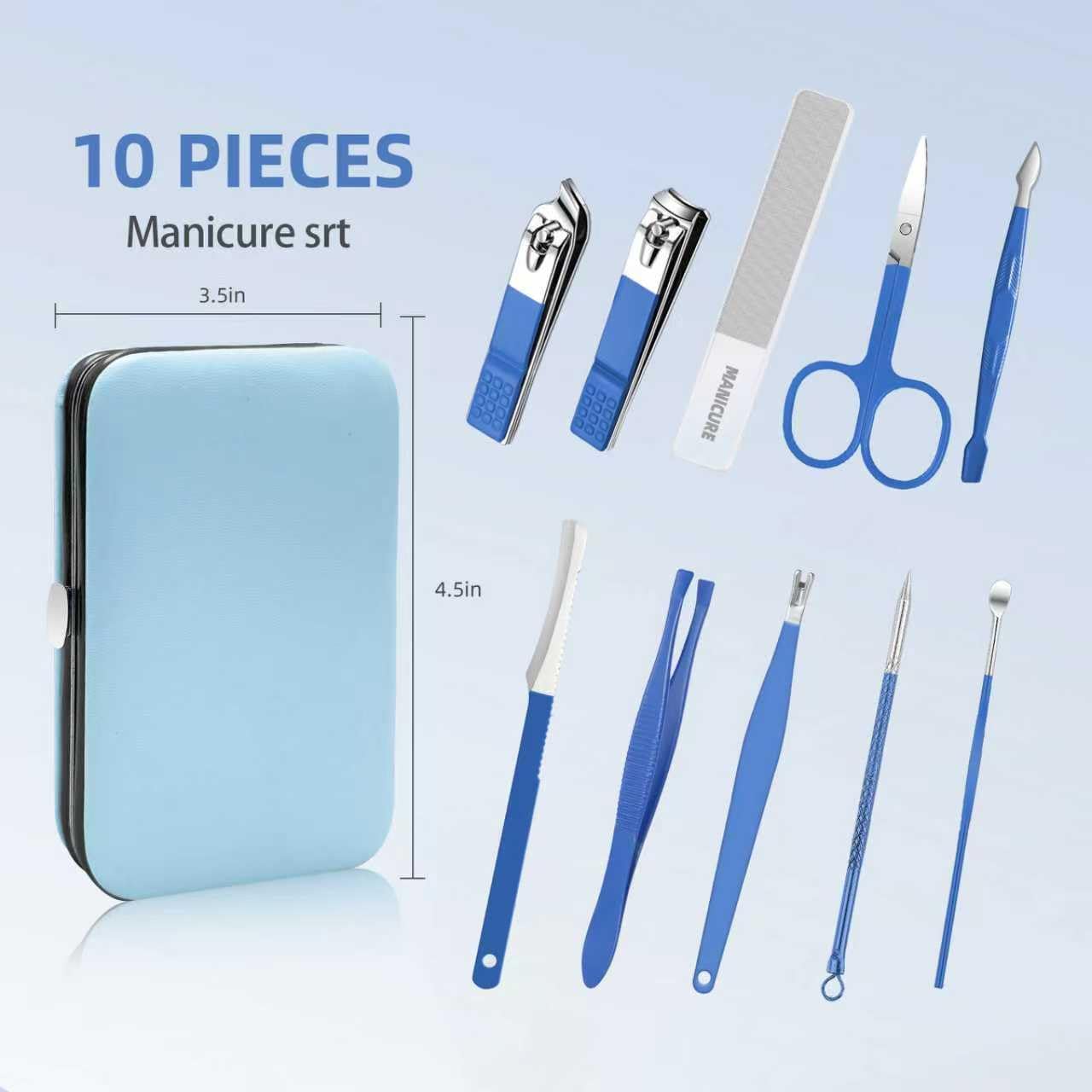 Manicure Set 10 pcs Professional Care Manicure kit for Men,complete toe nail and pedicure clippers set Beauty Tools with Luxurious Travel Case(Blue)