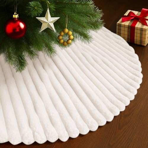 Faux Fur Christmas Tree Skirts, 36 inches Plush Fluffy Christmas Tree Skirt with Stripe Textured Pattern for Christmas Tree Decorations (90CM, White Stripe)