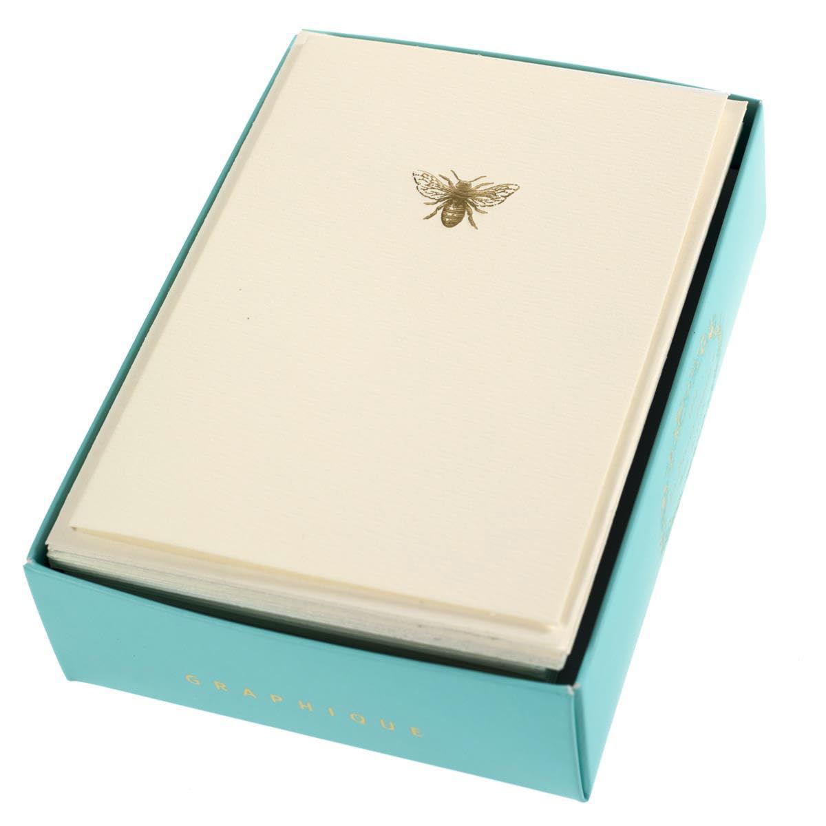 Graphique Bee La Petite Presse Boxed Notecards - 10 Embellished Gold Foil Blank Cards with Matching Envelopes and Storage Box, 3.25" x 4.75"