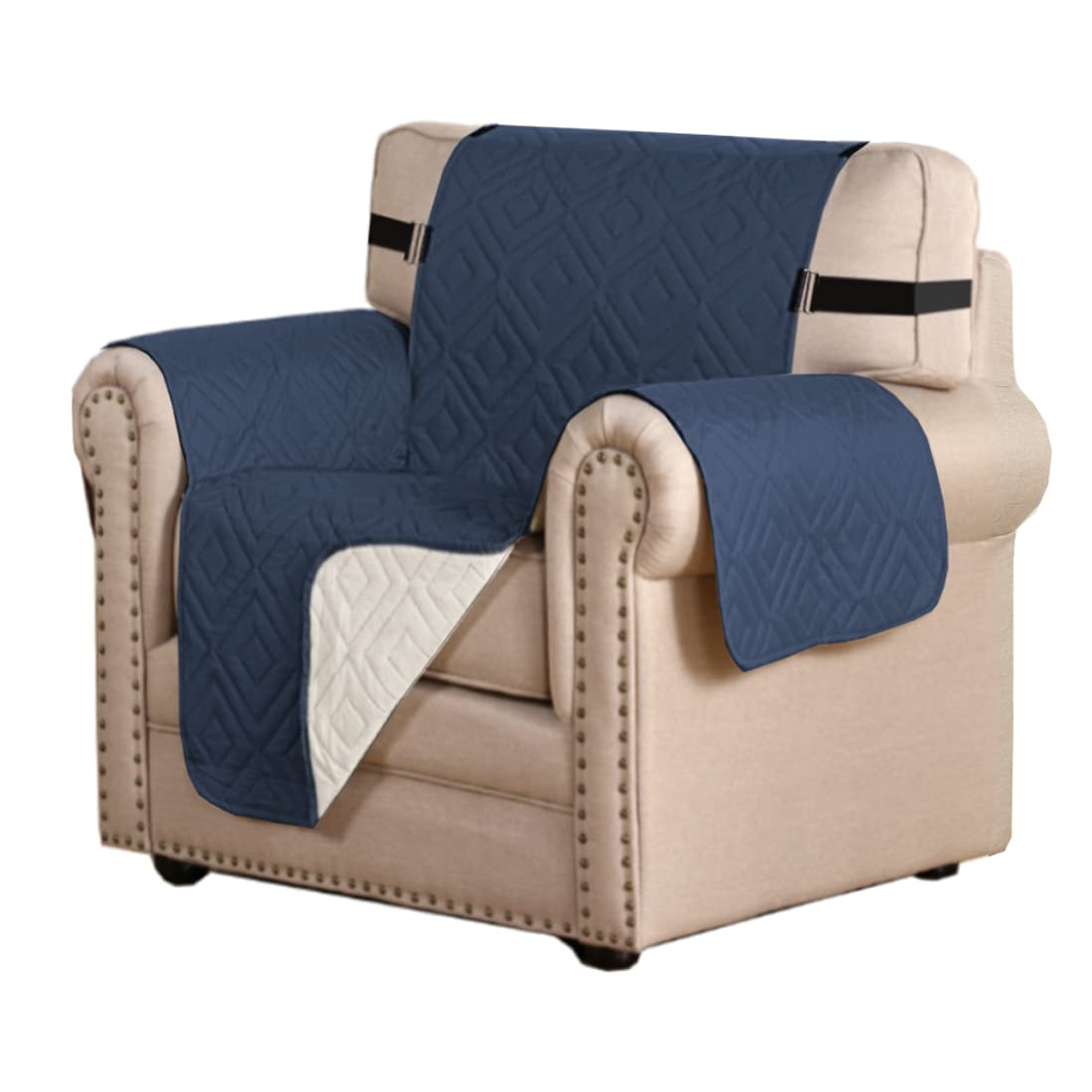 H.VERSAILTEX Reversible Loveseat Cover Furniture Protector Anti-Slip Water Resistant 2" Elastic Straps Couch Covers Pets Kids Fit Sitting Width Up to 54"(Oversized Loveseat: 75" x 98", Navy/Beige)