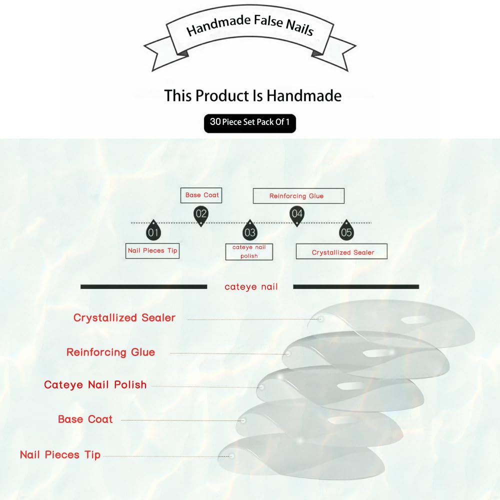 Rimudecure 24 Pieces Handmade Red Cat Eye Press On Nails Long Coffin Fake Nails Handmade with Toughened Sealer High Texture High Gloss Fake Nails