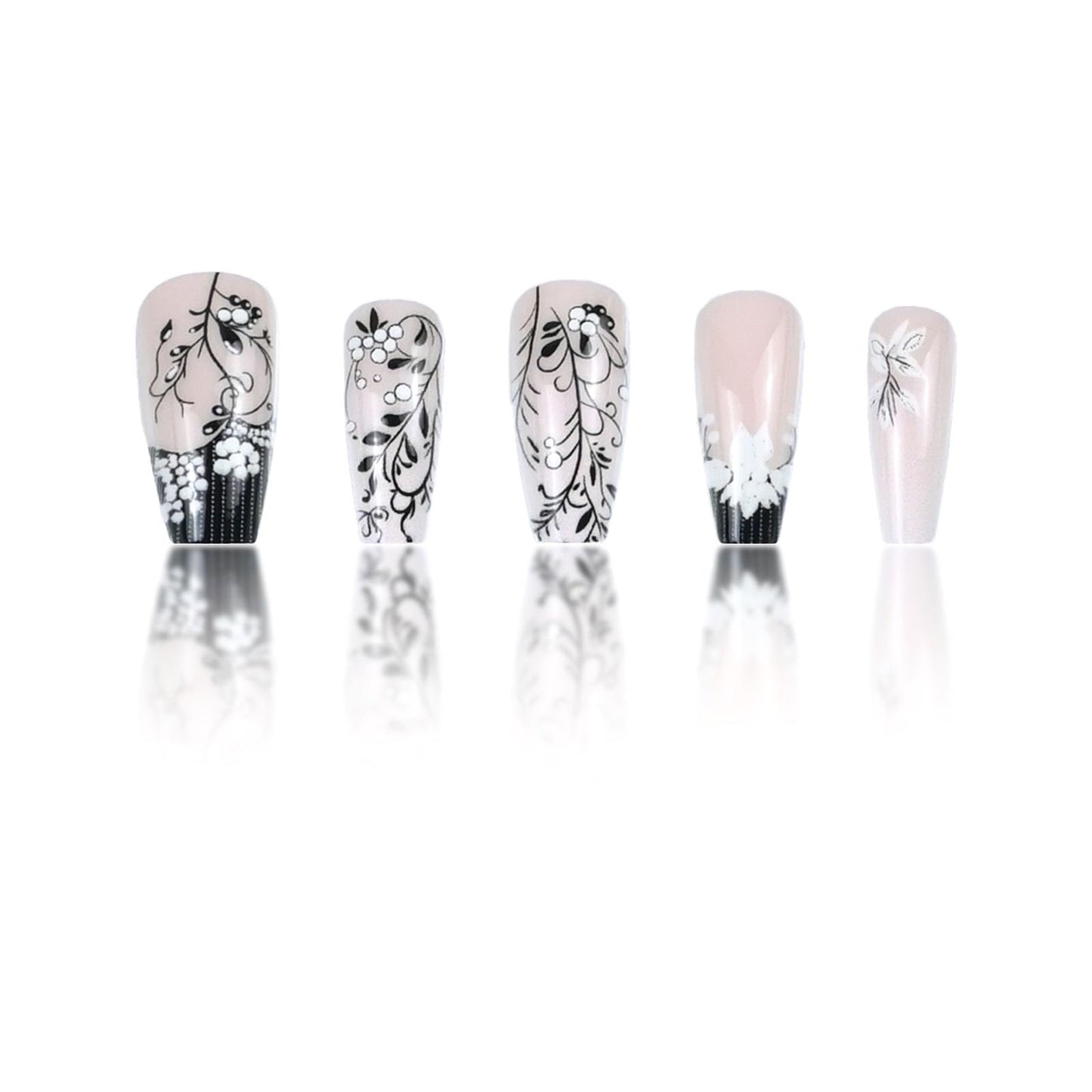 French Tip Press on Nails Medium Coffin Fake Nails with White Floral Black Leaves Designs Glossy Nails Press ons Gradient Glue on Nails Acrylic Nails Artificial Stick on Nails for Women 24Pcs