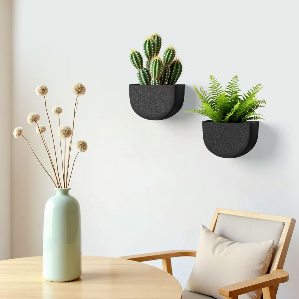 Asnext 2 Pack Wall Hanging Planter Pots for Indoor and Outdoor Plants, 7 Inch Half-Moon-Shaped Plastic Wall Planter, Wall Mounted Succulent Planters (Black)