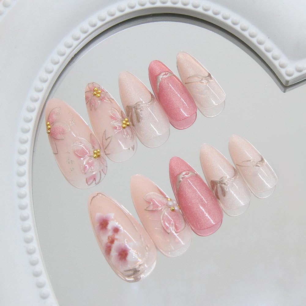 24 Pcs Cat's Eye Press on Nails Short Almond,MINGCHUN Fall Fake Nails Press ons Acrylic Nail Art Tips Kit Full Cover False Nails Glue on Nails with 3D Gilded Flowers Glitter Sequins Design for Women
