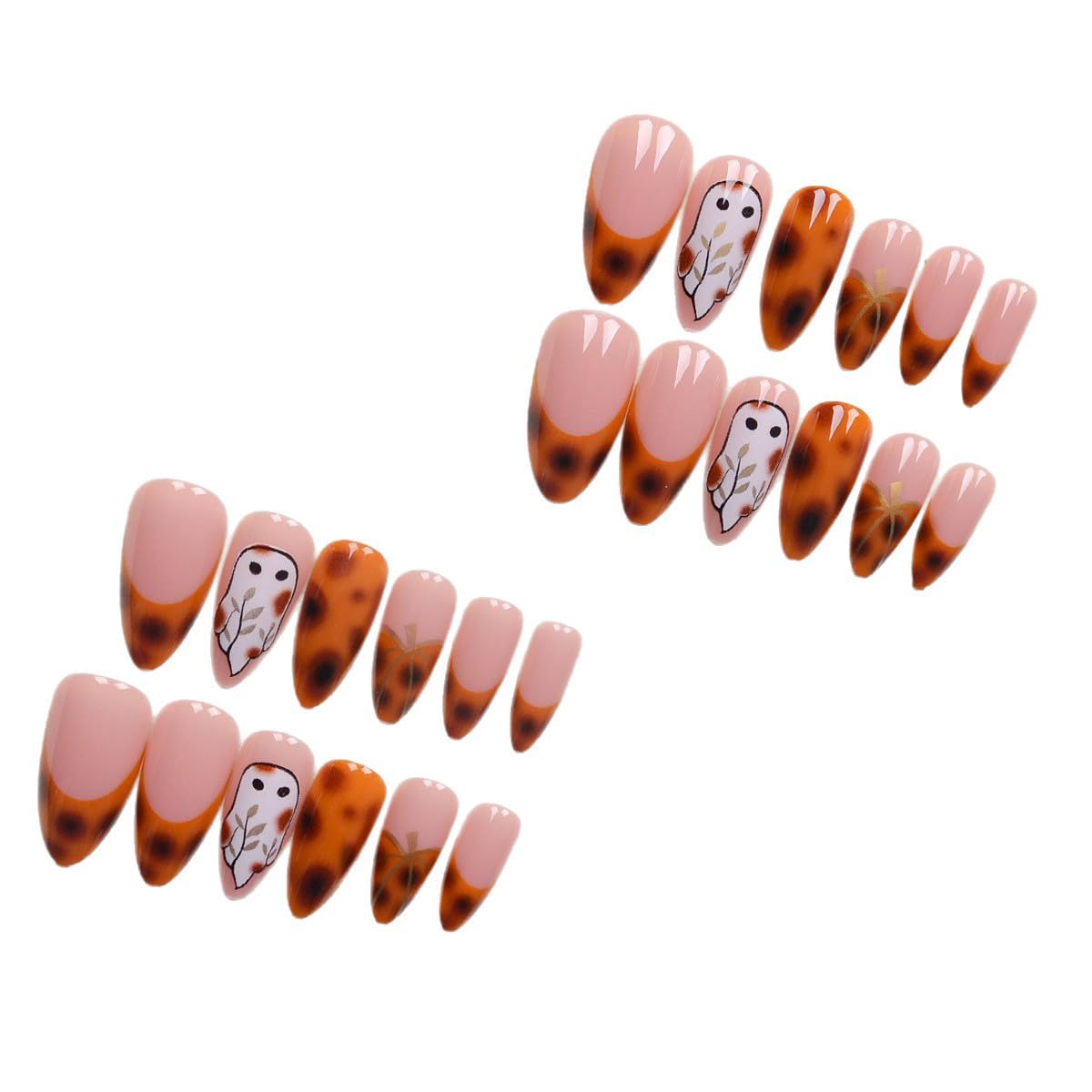 24 Pcs Halloween Press on Nails Almond Medium Ghost Fake Nails with Leopard Pumpkin Designs French Tip False Nsils Glue on Nail Brown Glossy Cute Halloween Artificial Nails for Women Manicure Tips