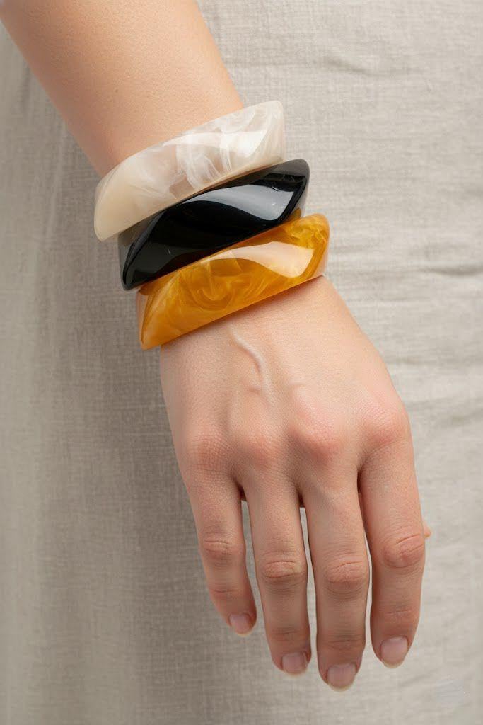 SHAFA IMPEX Acrylic Bangle Bracelets for Women, Colorful Resin Chunky Wide Irregular Jewelry, 3 Pieces