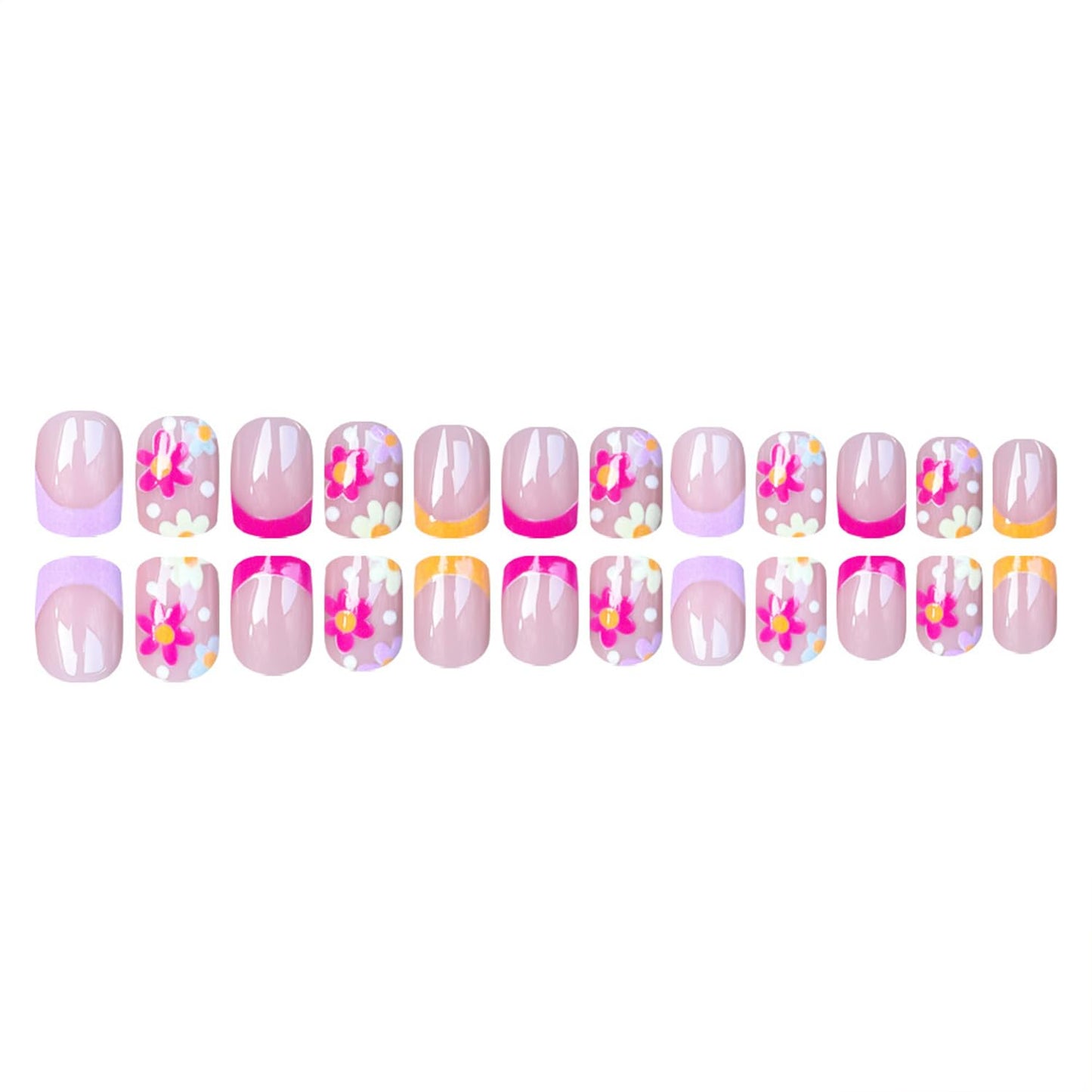 Short Press on Nails Oval Flower Fake Nails with Floral Designs French Tip Nails Press ons Rose Pink Spring Summer False Nails Glossy Full Cover Glue on Nails Artificial Stick on Nails for Women