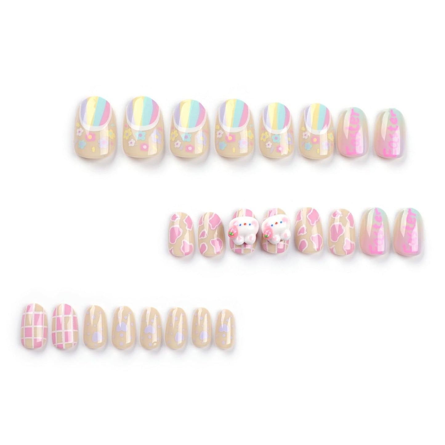 24 Pcs Cute Oval Press on Nails Easter Fake Nails Flower False Nails Easter Bunny Design Stick on Nails Full Cover Glossy Fake Nails Artificial Acrylic False Nails for Women Girls Nail Decoration