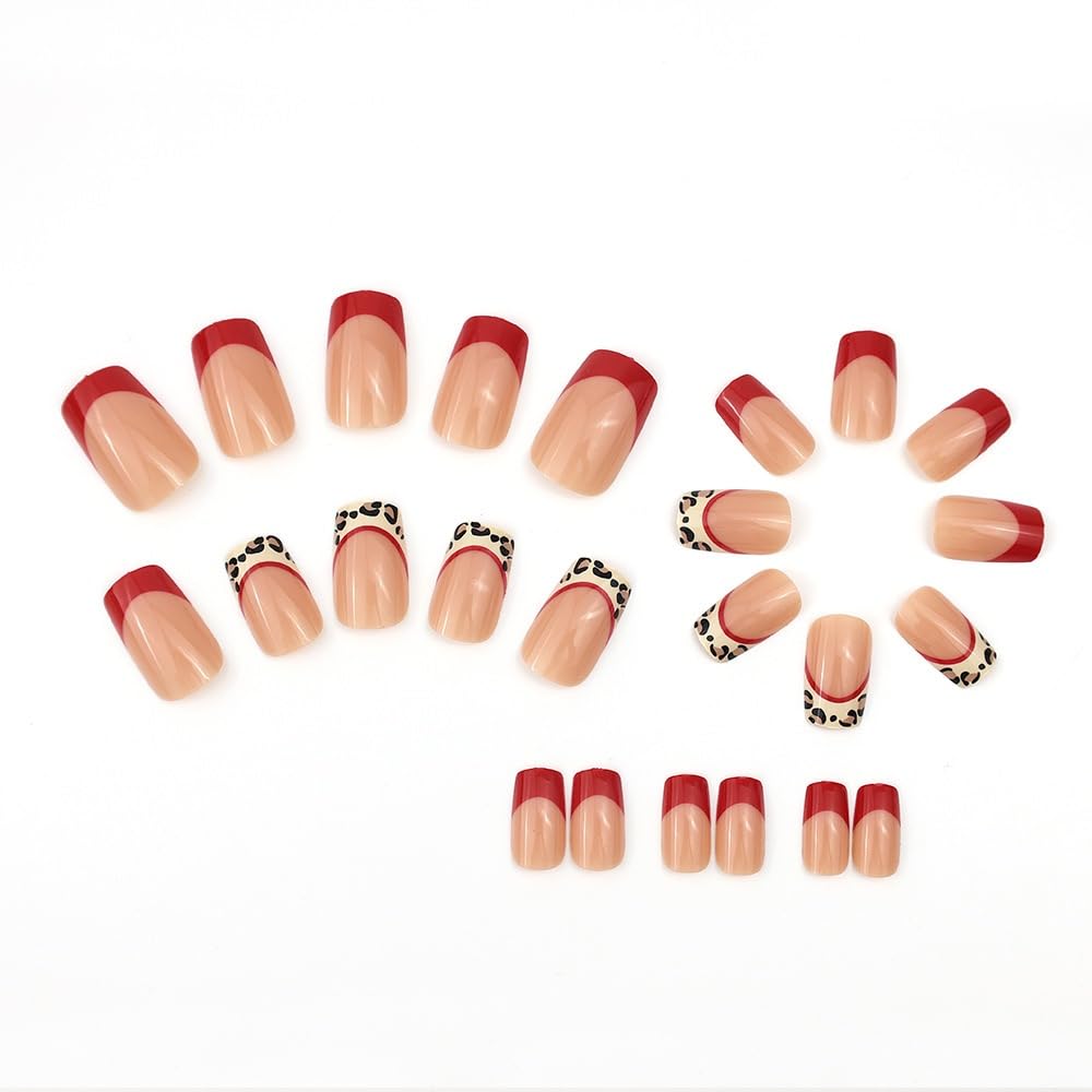 French Tip Press on Nails - Short Square Fake Nails with Leopard Print Design - Red Full Cover Stick on False Nails for Women 24 Pcs