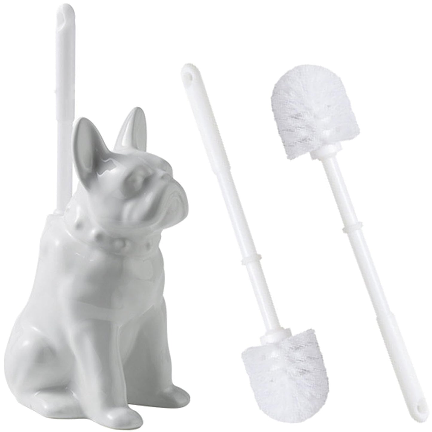 Ceramic French Bulldog Toilet Brush Holder – Cute Bathroom Decor with Hideaway Storage, Space-Saving Design, Premium Ceramic Dog Lover Gift, Includes 2 Durable Scrub Brushes (White)