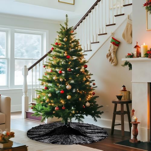 Poise3EHome Black Christmas Tree Skirt, 50 Inch Sequin Tree Skirt