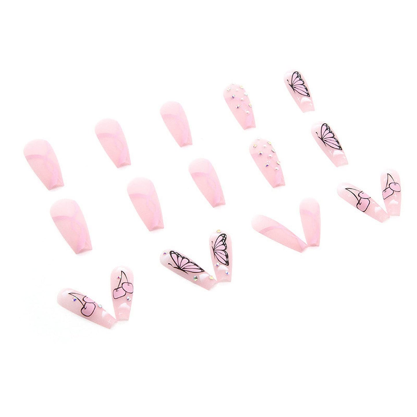 MISUD Press on Nails - Long Coffin Glue on Nails with Butterfly Rhinestone, Acrylic Pink Design 24 pcs