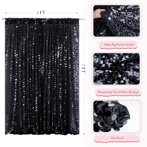 SquarePie Shimmer Wall Backdrop Big Payette Sequin Curtain 4FT x 7FT Black Background for Party Wedding 1 Panel - color: Black