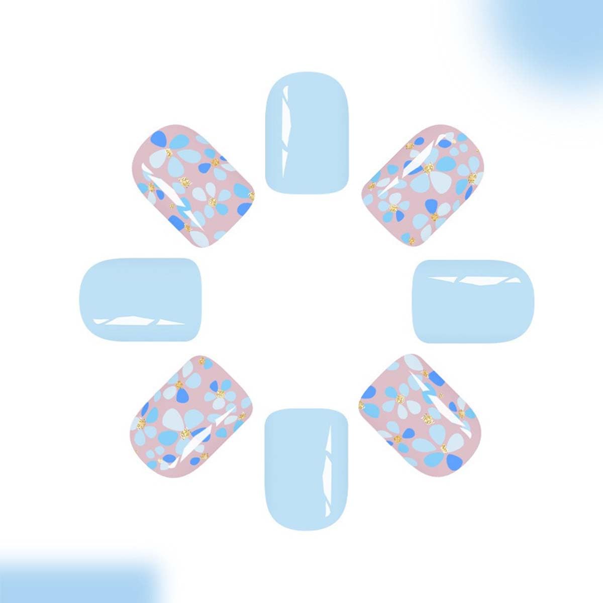 Square Press On Nails Short Fake Nails Blue False Nails With Flower Design Full Cover Acrylic Summer Glue On Nail Artificial Glossy Reusable Stick On Nail For Women 24pcs