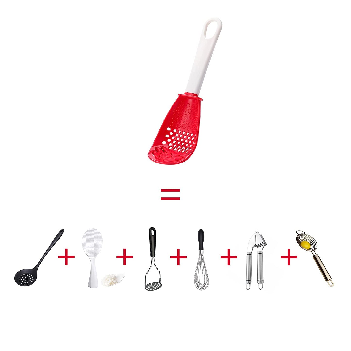 6 in 1 Multifunctional cooking gadgets, 356°F Heat Resistant kitchen gadgets, Egg Separator, Cooking, Draining, Mashing, Grating, Cooking spoon Red