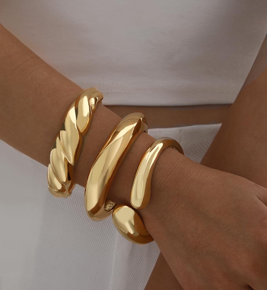 Chunky Gold Bangle Bracelets for Women, Dainty 14k Gold Plated Big Stackable Bangles Set, Trendy Cuff Bracelet Stack Fashion Jewelry Gifts (A4-gold)