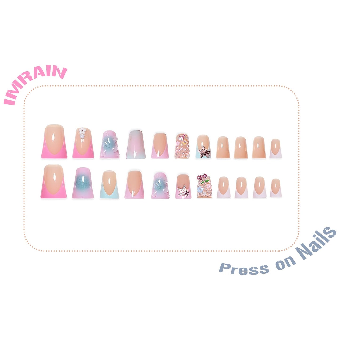 IMRAIN Duck Press on Nails - Rhinestone, Cute Bear, Star | Medium Blue Pink Ombre Fake Nails with Duckbill Designs Full Cover Acrylic False Nails Y2K Duck Feet Glossy Glue on Nails