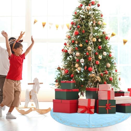 48inch Christmas Tree Skirt Blue Luxury Velvet Plush Fur Skirts with Gold Embroidery Xmas Velvet Tree Skirt Holly Leaves Gold Embroidered Trees Skirts for Christmas Holiday Party Decorations
