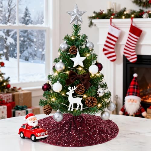 Christmas Tree Skirt Burgundy Velvet Tree Skirt Small Sequined Tree Skirts 21 Inch Mini Sequin Glitter Tree Cover Mats Metallic Tree Ornaments for Silm Tree Maroon Skirt Tree Burgundy Christmas Decor