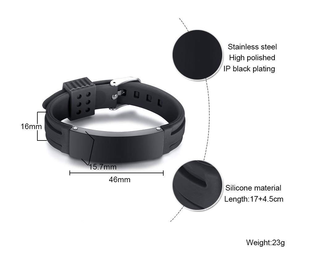 VNOX DNR(DO NOT RESUSCITATE) Medical Alert ID Black Silicone Rubber Stainless Steel Adjustable Bracelet Unisex