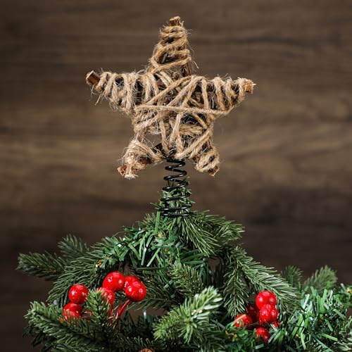 Gejoy Mini Christmas Rustic Tree Topper Retro Woven Star Tree Topper 6 Inch Miniature Star for Christmas Ornaments Farmhouse Home Decor Winter Holiday