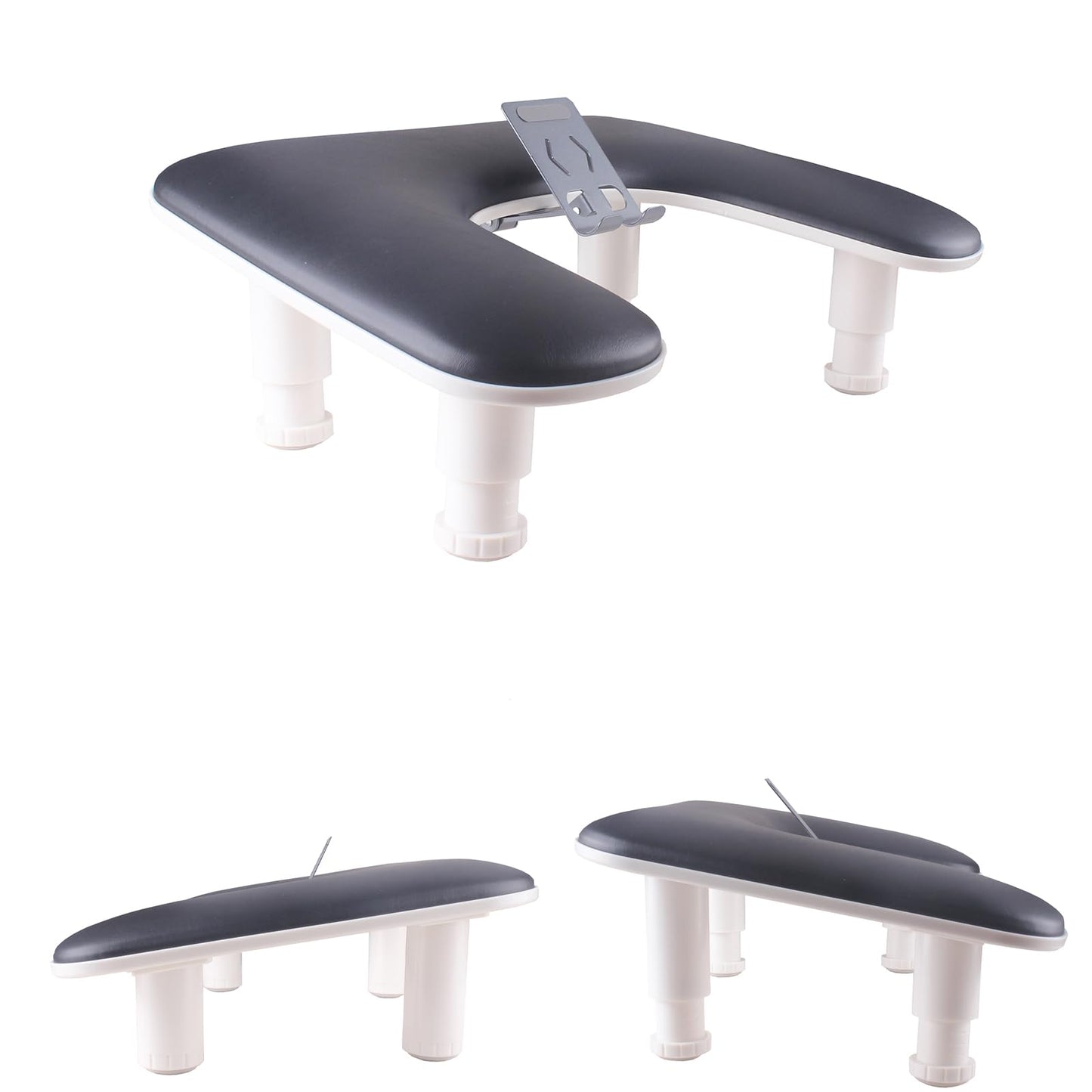 Manicure Arm Rest with Rotating Phone Holder for Nails Tech, U - Shaped Adjustable Nail Hand Rest Stand PU Leather (Black)