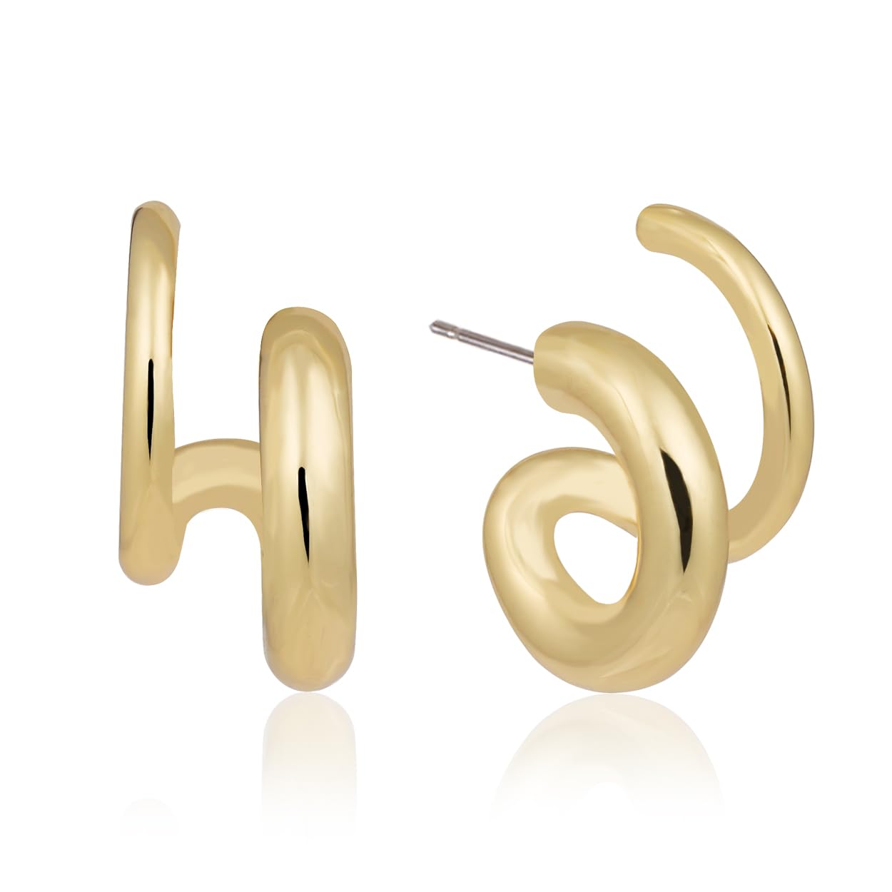 Obidos 14K Gold Plated Double Huggie Hoop Earrings for One Hole | Illusion Stud Earrings for Women