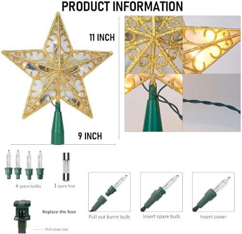 Dazzle Bright 11'' Star Tree Topper, Glitter Christmas Tree Top with 10 Lights, Xmas Tree Decoration (Gold)