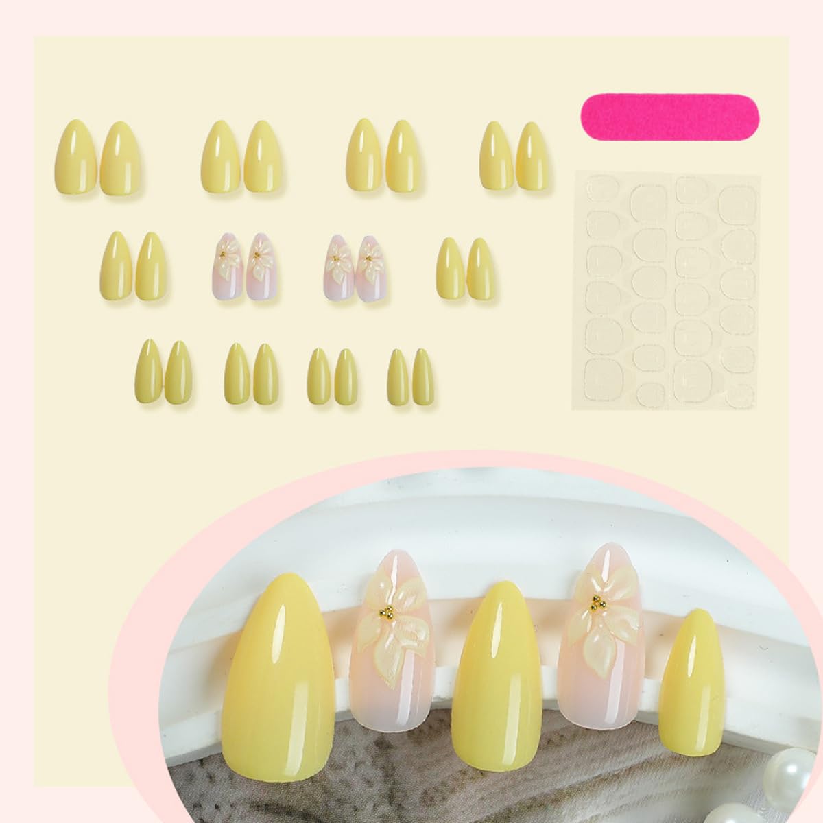 Yellow Press on Nails Medium Almond Fake Nails Flower Nails Press ons with Design Full Cover Stick on Nails for Women Manicure,Reusable | Artificial | Nail Sticky Tabs | Easy Apply | 24Pcs
