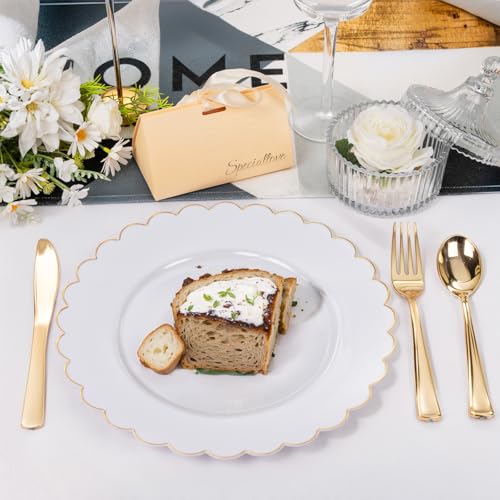SUT 72 Pcs White Plates Disposable, White Plastic Plates With Gold Trim, 10.25 Inch Gold Dinner Plates, Fancy Plastic Plates, Plates Disposable Heavy Duty for Parties, Banquets - color: White Gold, size: 10.25 Inch