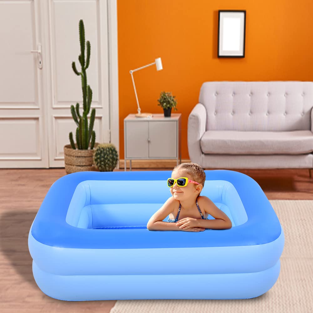 HIWENA Inflatable Kiddie Pool, 45" x 35" X 14" Blue Kids Swimming Pool Summer Water Fun Bathtub with Inflatable Soft Floor