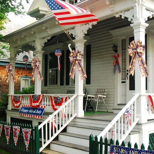 2 Pcs Patriotic 4th of July Lighted Wreath Bow Large Red White and Blue 250th Anniversary Burlap Tree Topper American Flag Star Independence Memorial Day Indoor Outdoor Decoration(Simple)