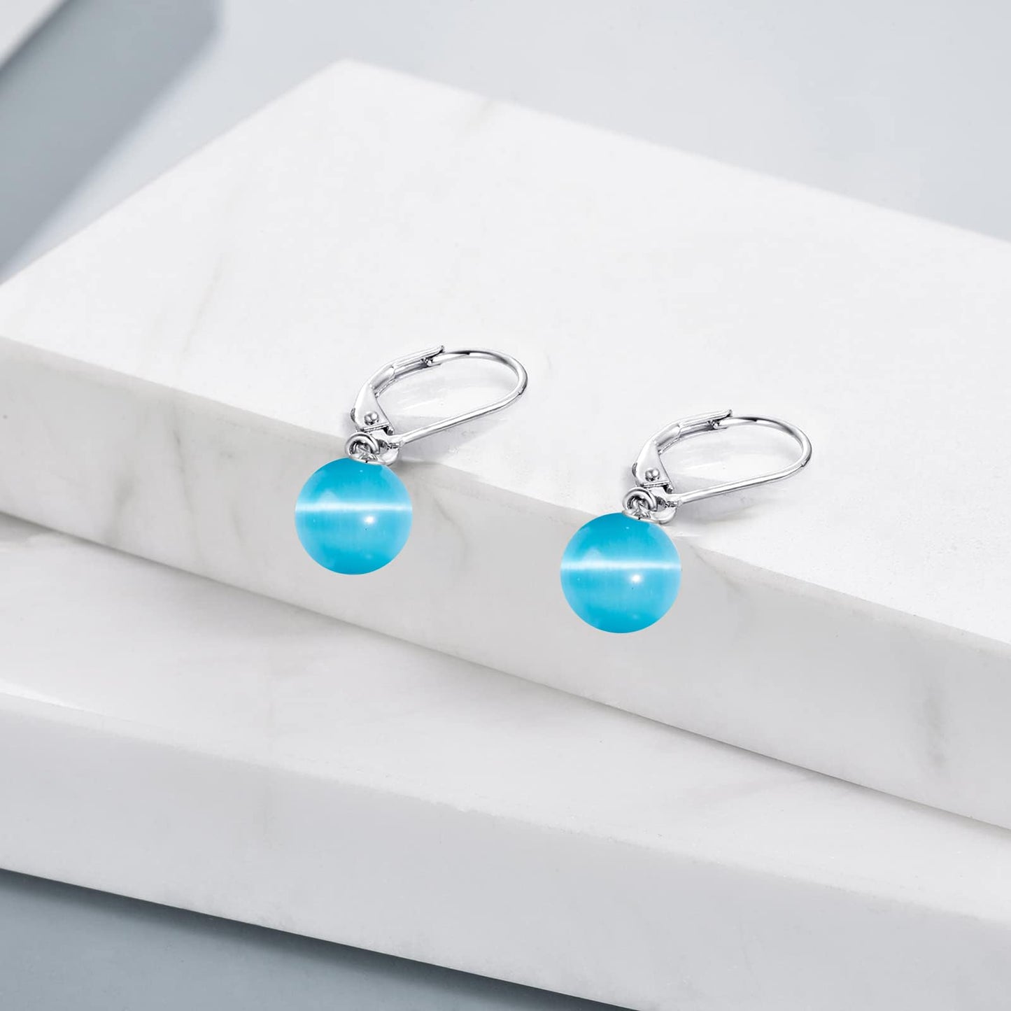 925 Sterling Silver Pearl Leverback Earrings Dangle Drop Jewelry Gifts for Women (Blue Cat's Eye)