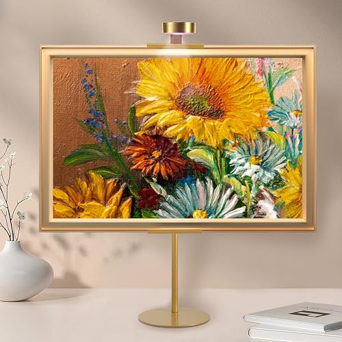 Adjustable Desktop Photo Frame Stand with Magnetic Wall Painting Light, Holds Picture Frames up to 30 Inch,with Rechargeable Battery,Metal Vertical Stand with 3 Color Temperature & 13RGB Poster Lights, for Displaying Picture Frames, Artworks (1 Pack,Gold)
