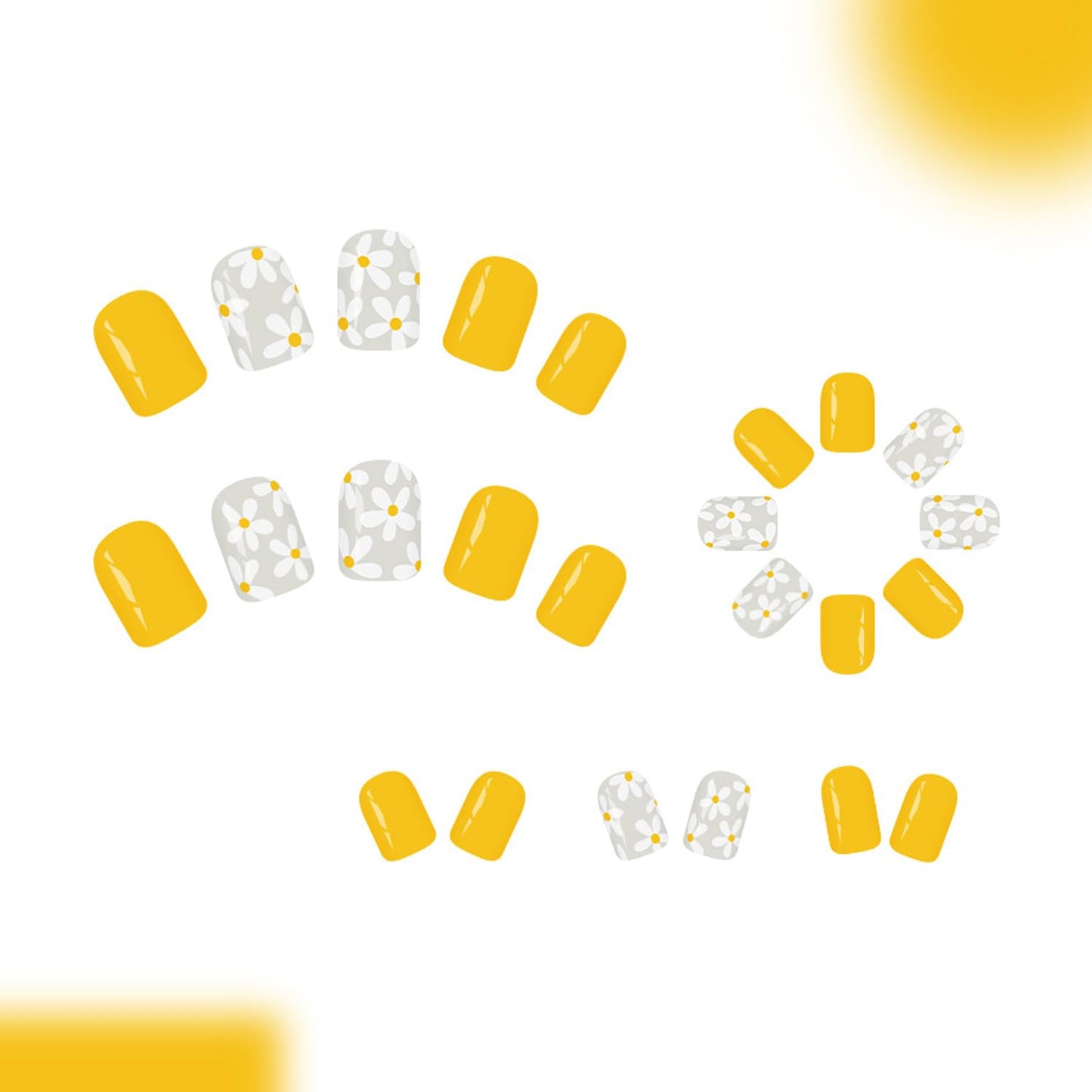Square Press On Nails Short Fake Nails Yellow False With Flower Design Cute Glue On Nail Full Cover Artificial Acrylic Summer Stick On Nail Reusable For Women Manicure Art 24pcs