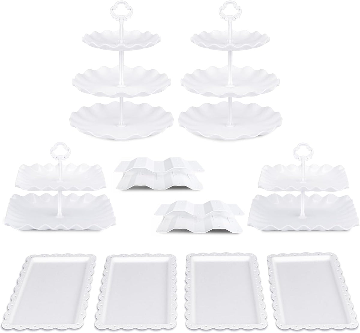 Pack of 10 NWK Dessert Stand Set with 2X Large 2-Tier and 2X Large 3-Tier Cupcake Stands, 4 x Appetizer Trays, 2 x Cake Pop Stands, for Birthday Baby Shower Party Decorations