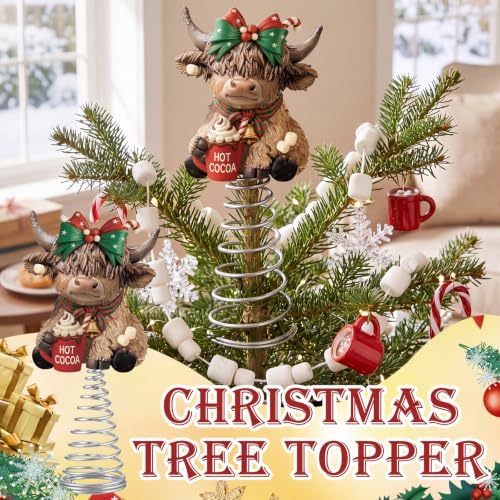 Gejoy Christmas Hot Cocoa Highland Cow Miniature Tree Topper 5.1 Inches Mini Resin Cattle Tree Top Decorations for Rustic Home Farmhouse Holiday Accents Party Decor, Thanksgiving Xmas Gift