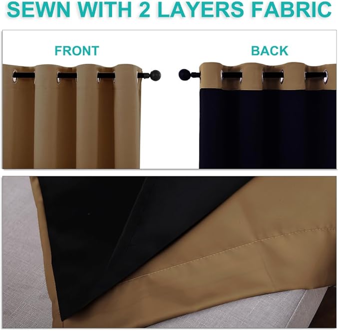 NICETOWN 100% Blackout Window Curtain Panels, Gold Brown, 2 Pieces, 52-inch Wide Per Panel, Full Light Blocking Drapes with Black Liner for Nursery, 72-inch Drop Thermal Insulated Draperies