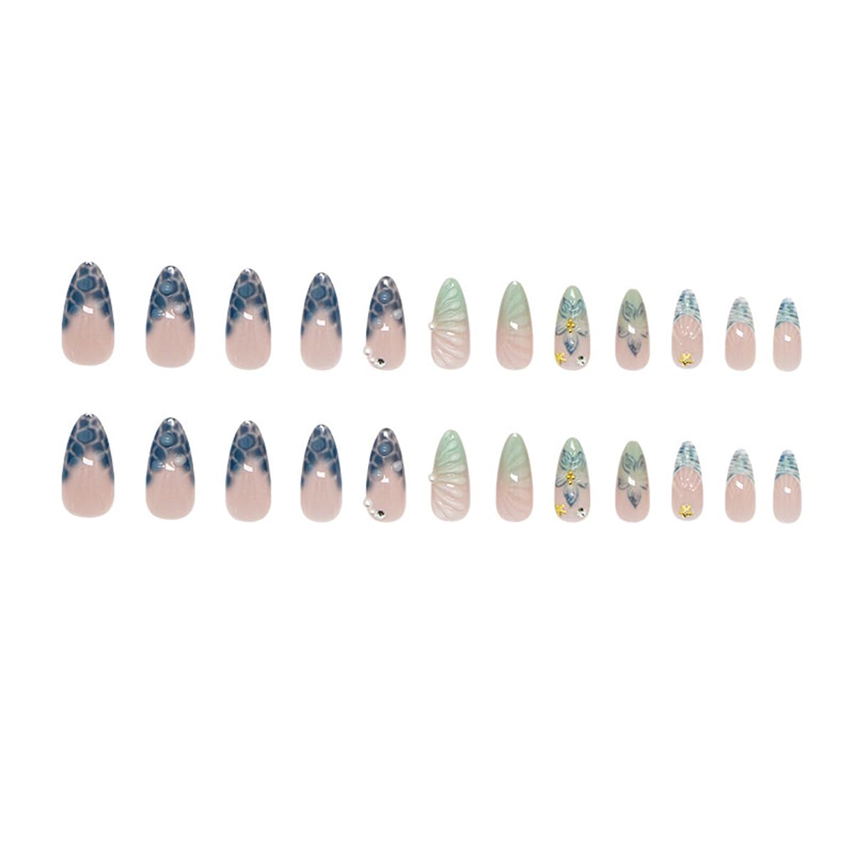 Summer Blue Press on Nails Long Almond Fake Nails French Nails Press ons with Flower,Seashell Design Reusable Artificial Nails Full Cover Stick on Nails for Women Manicure 24Pcs