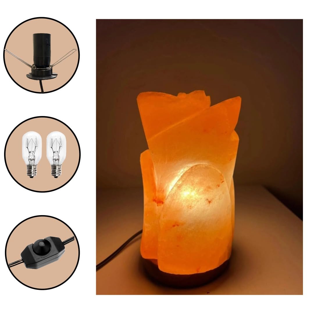 NatureBoost HL Himalayan Pink Salt Flower Shape lamp Wooden Base with dimmer Switch and a Pair of 15W Bulbs. Unique Gift Idea