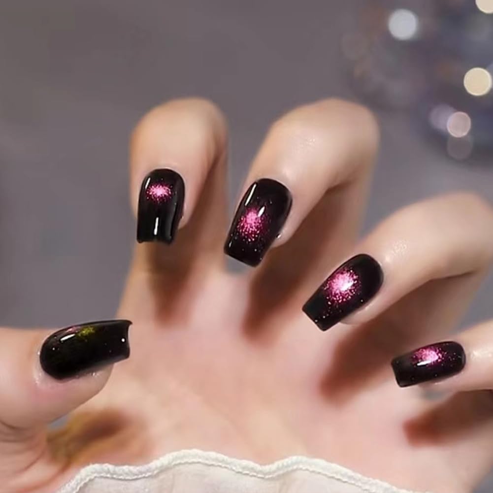 WAFOLOZE Press On Nails Medium Coffin Fake Nails With Glue, Black Cat's Eye Nail Press Ons With Pink Starry Sky Design，Artificial False Nails Stick On Nails for Women-30Pcs