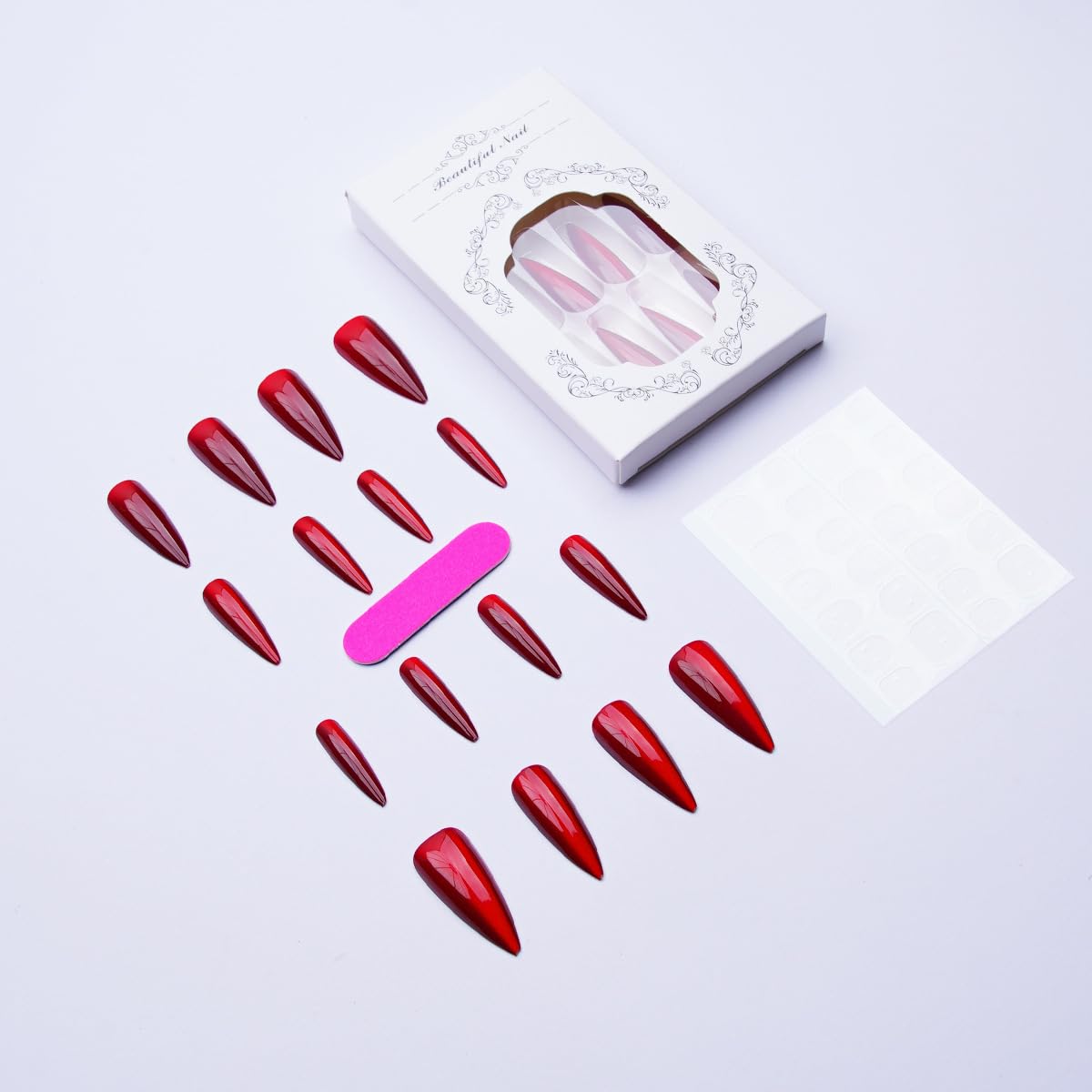 Red Press on Nails Long Stiletto Fake Nails Red Cat Eye False Nails with Design Glitter Glue on Nails Full Cover Stick on Nail Shiny Artificial Acrylic Nail for Women Manicure 24Pcs