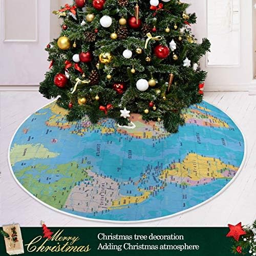 Qilmy Christmas Tree Skirt Large Watercolor World Map Painting Mat Xmas Home Holiday Party Decorations 48inch