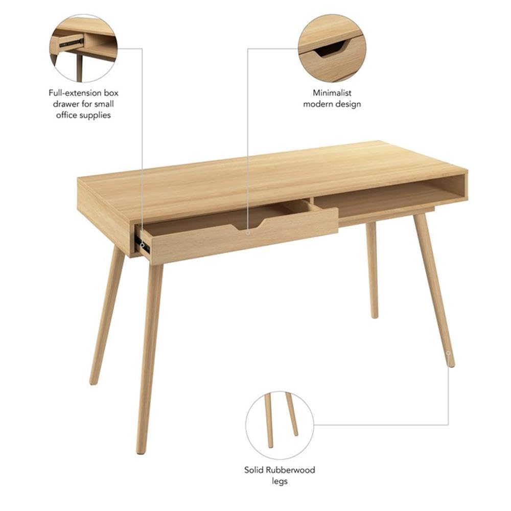 Bush Home Nora 54W Writing Desk with Storage in Natural Oak | Large Wooden Computer Table for Home Office, Study Room, or Entryway