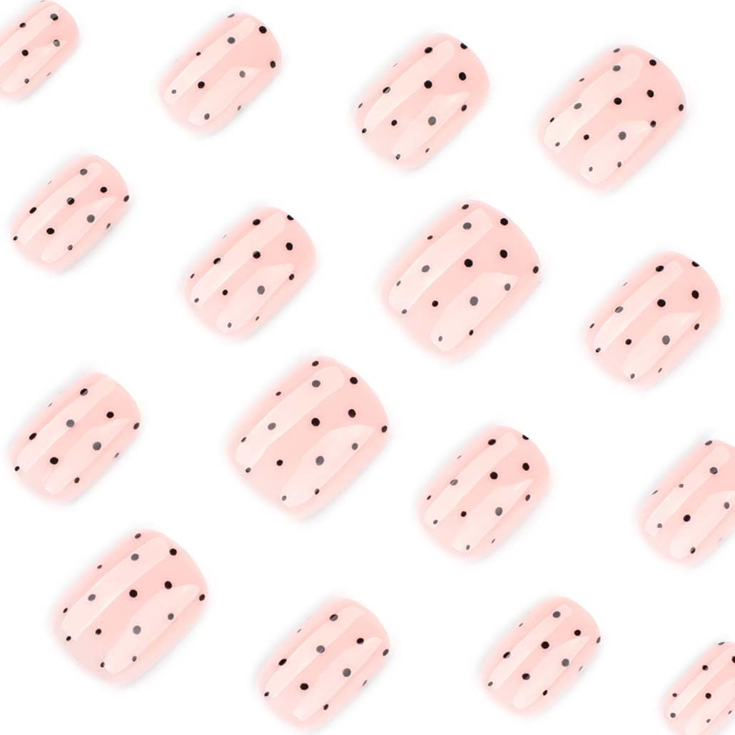 Foccna Extra Short Press on Nails Square Fake Nails Polka Dots Glossy Short Round Nails, Salon Quality Artificial Nails for Women 24pcs